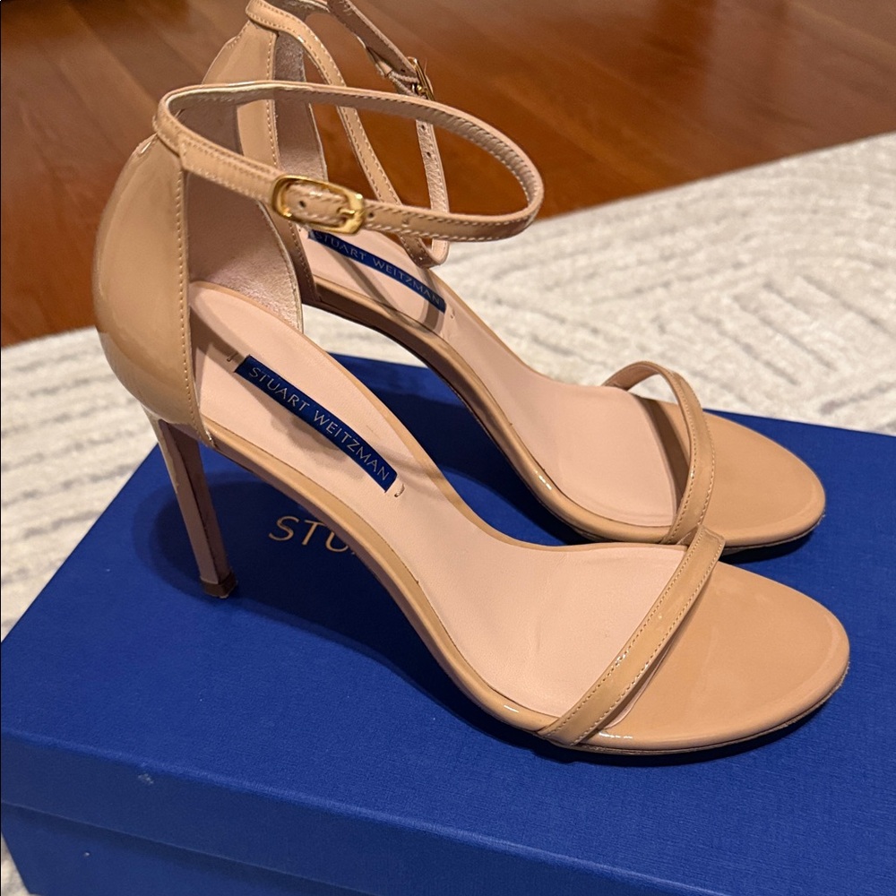 Stuart Weitzman Nudistsong patent Nude Ankle Strap Heels